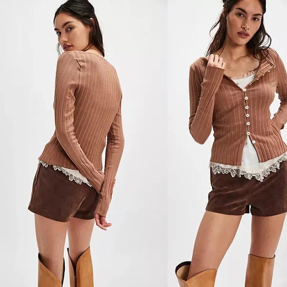 New Free People Tilly Long-Sleeve Light Brown Cardi Top Size XS